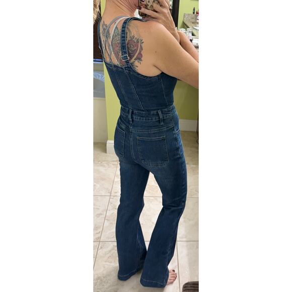 Flamingals Button fly high waist flare overalls XS tall 31 inseam $70 retail NWT - Picture 9 of 11